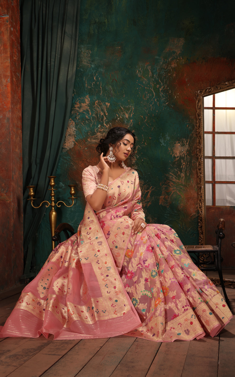 Peach Pink Banarasi Kora Saree With Jamdani Weaves