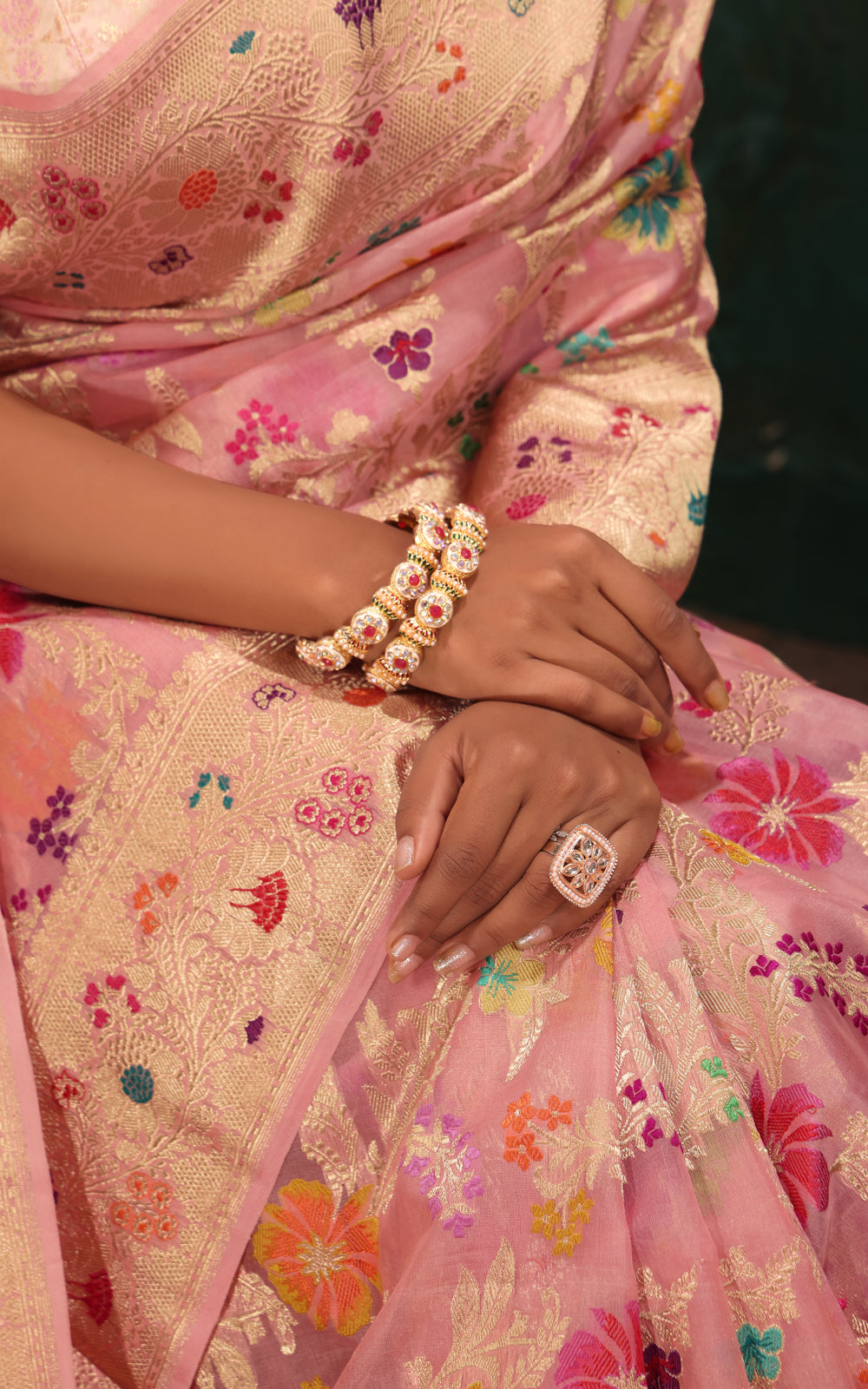 Peach Pink Banarasi Kora Saree With Jamdani Weaves