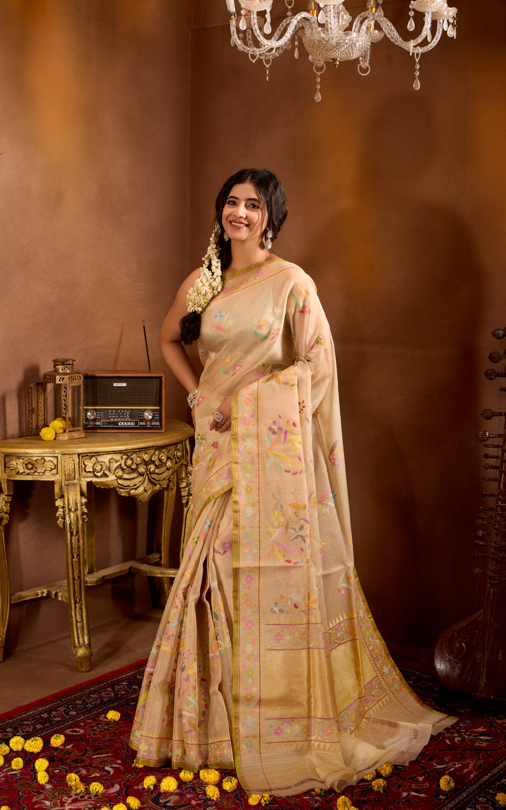 Beige & Green Real Zari Banarasi Kora Saree With Jandani Weaves