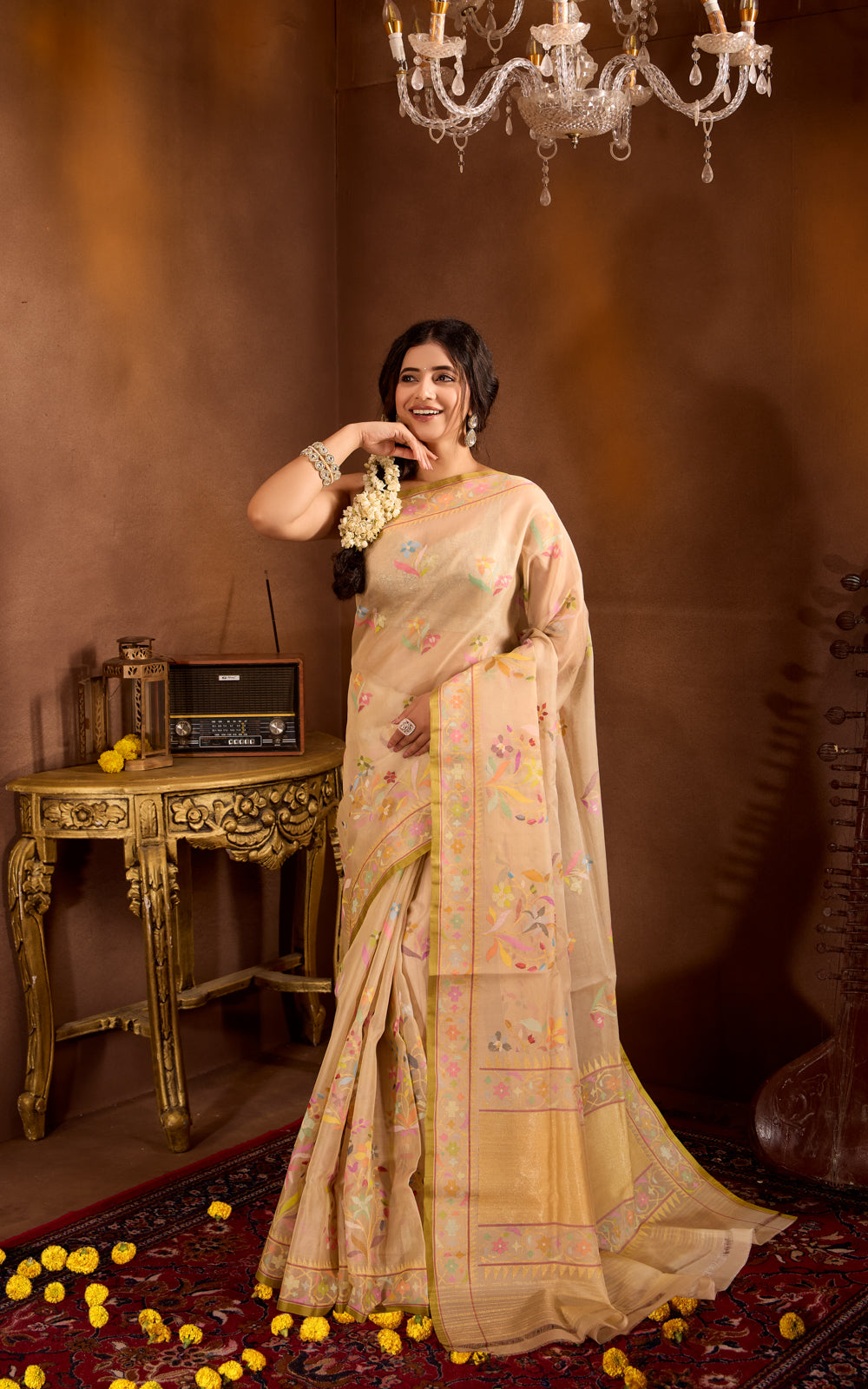 Beige & Green Real Zari Banarasi Kora Saree With Jandani Weaves
