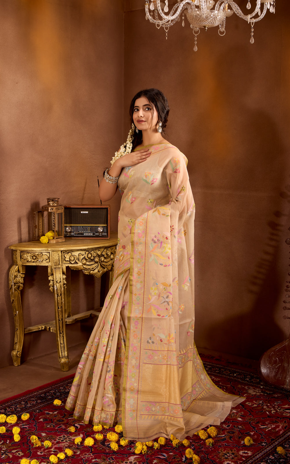 Beige & Green Real Zari Banarasi Kora Saree With Jandani Weaves