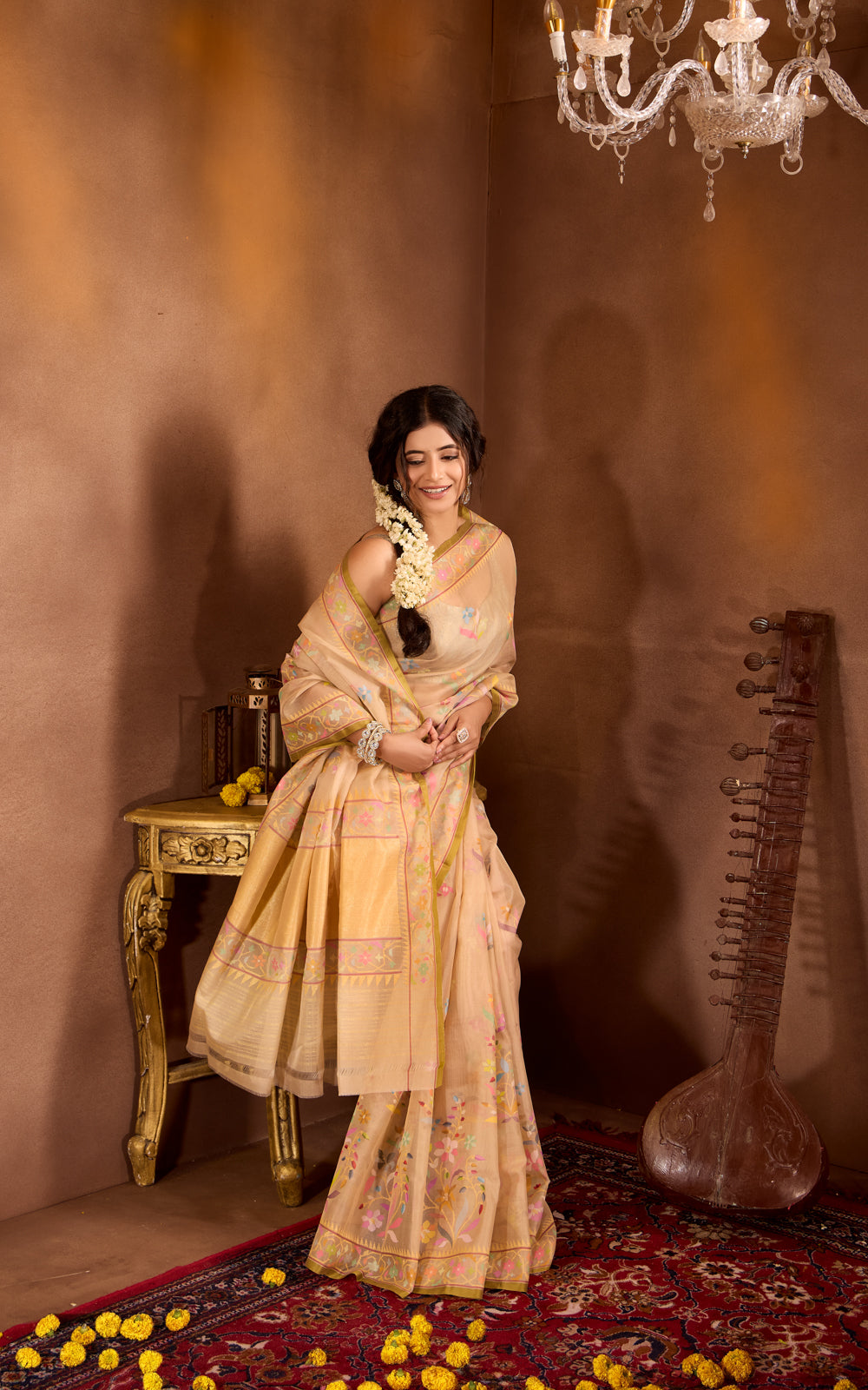Beige & Green Real Zari Banarasi Kora Saree With Jandani Weaves