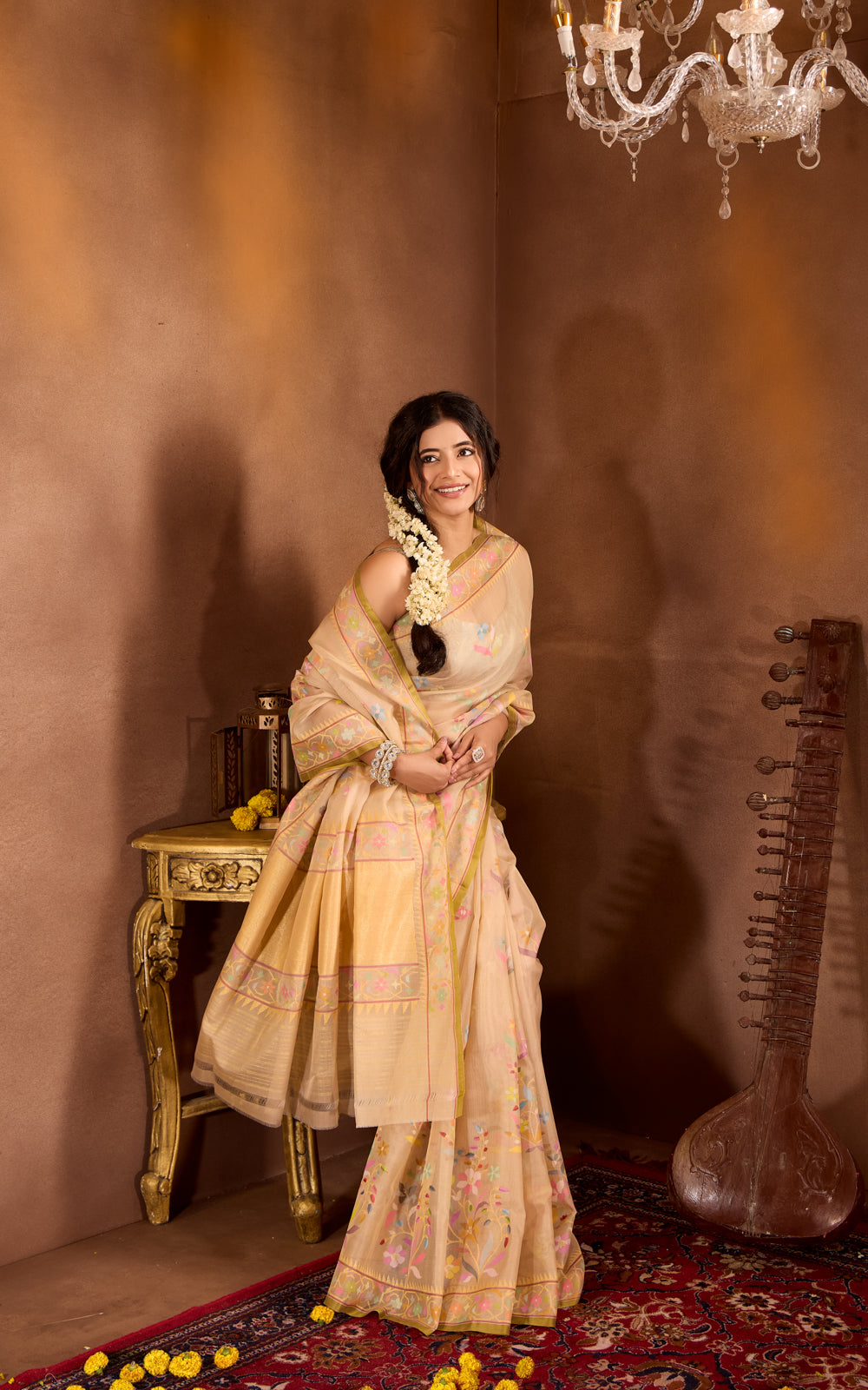 Beige & Green Real Zari Banarasi Kora Saree With Jandani Weaves
