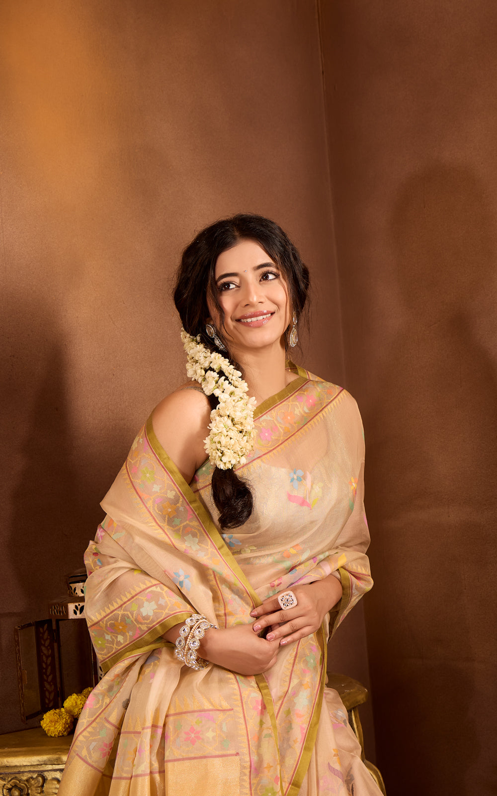 Beige & Green Real Zari Banarasi Kora Saree With Jandani Weaves