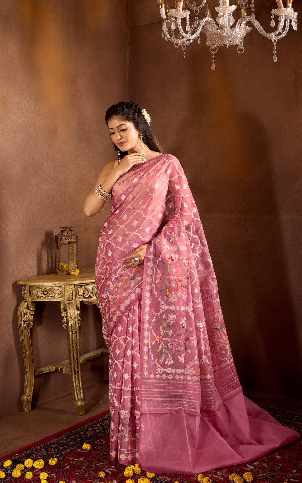 Muave Pink Real Zari Banarasi Kora Saree With Jandani Weaves