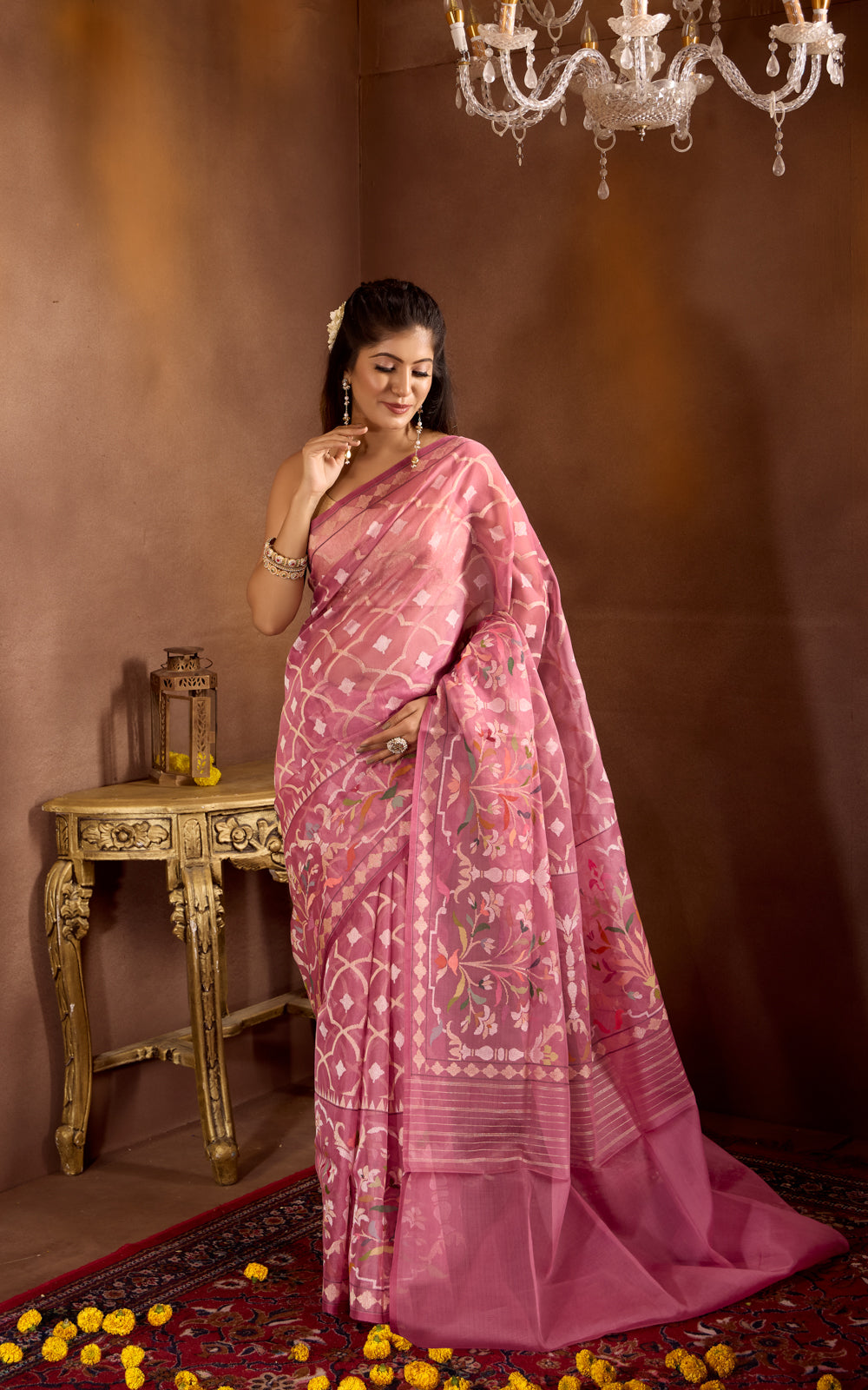 Muave Pink Real Zari Banarasi Kora Saree With Jandani Weaves