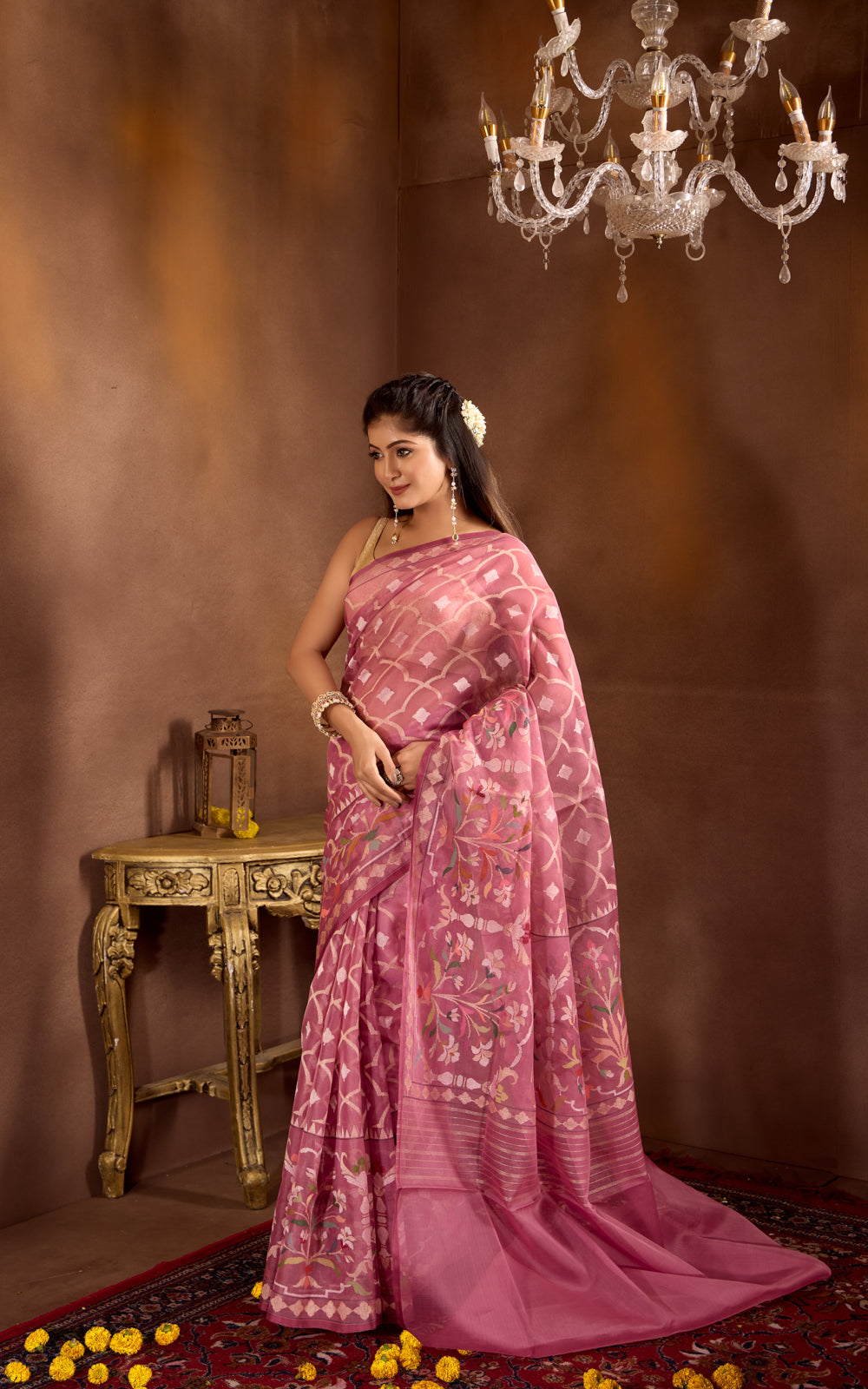 Muave Pink Real Zari Banarasi Kora Saree With Jandani Weaves