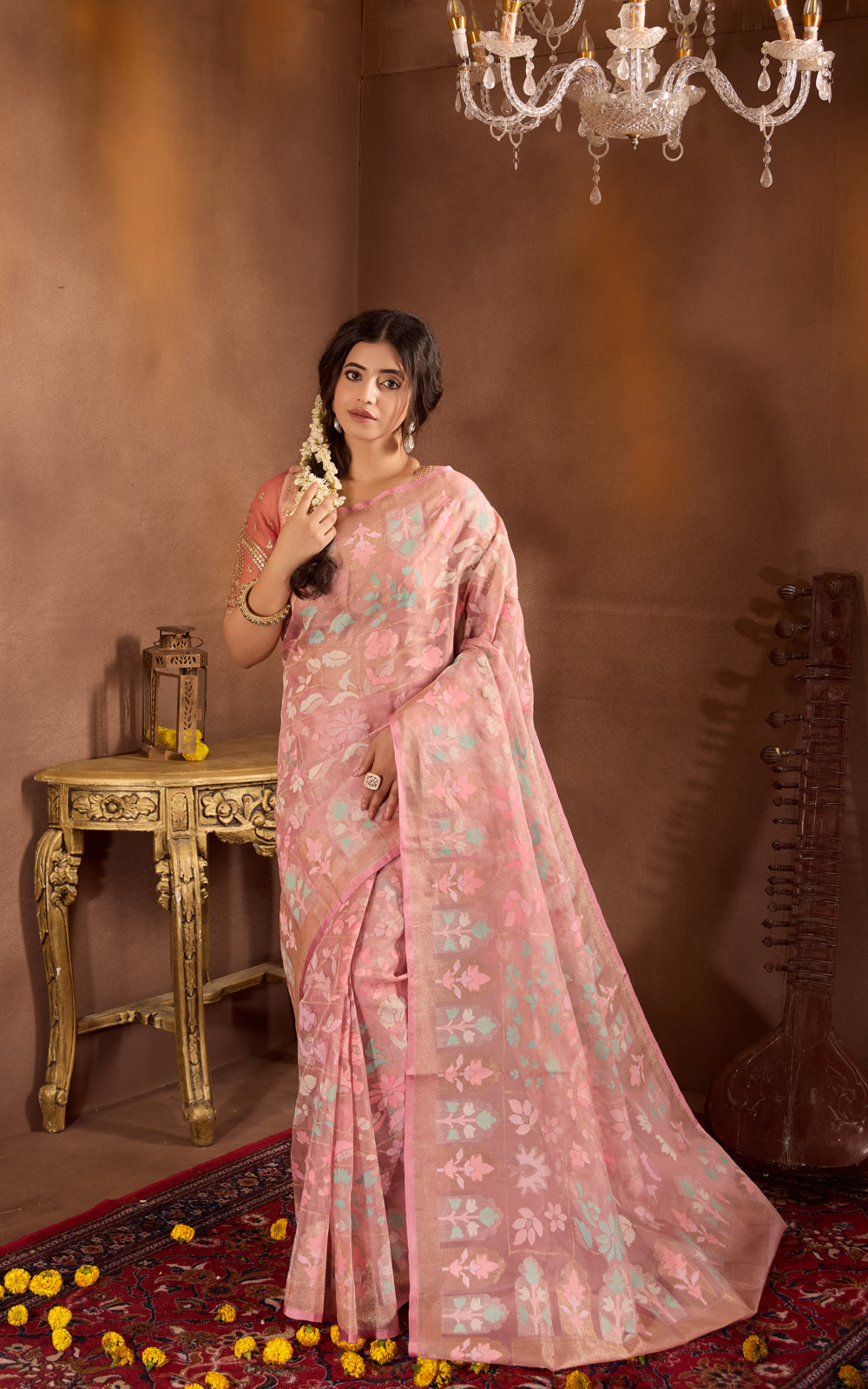 Pastel Pink Real Zari Banarasi Kora Saree With Jandani Weaves