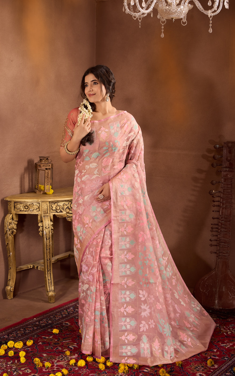 Pastel Pink Real Zari Banarasi Kora Saree With Jandani Weaves