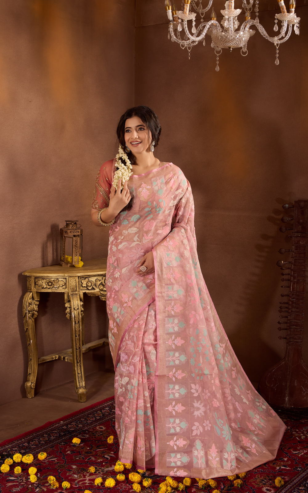 Pastel Pink Real Zari Banarasi Kora Saree With Jandani Weaves