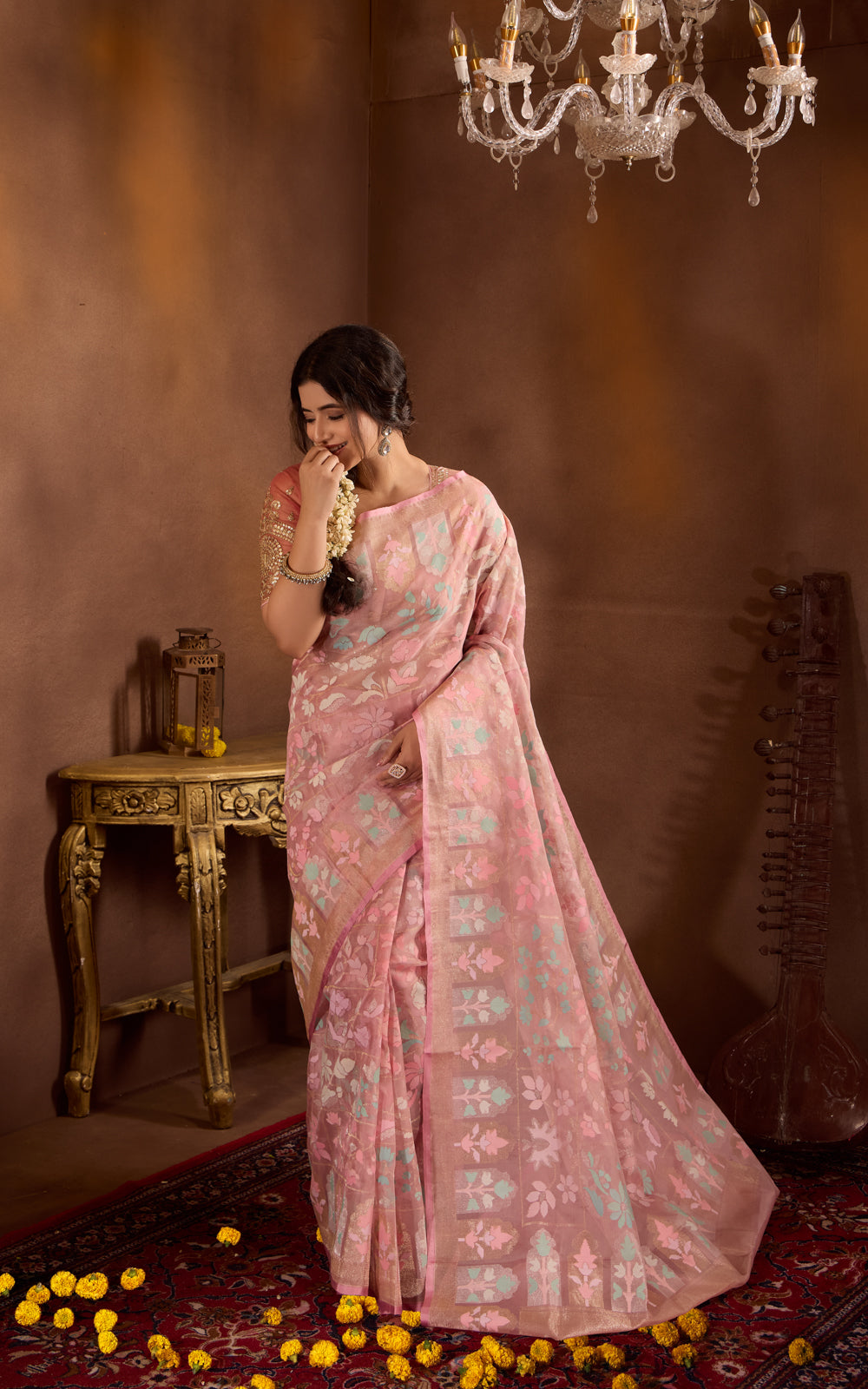 Pastel Pink Real Zari Banarasi Kora Saree With Jandani Weaves
