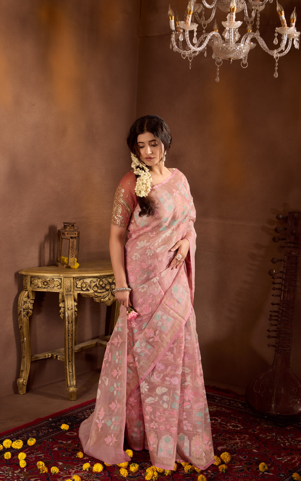 Pastel Pink Real Zari Banarasi Kora Saree With Jandani Weaves