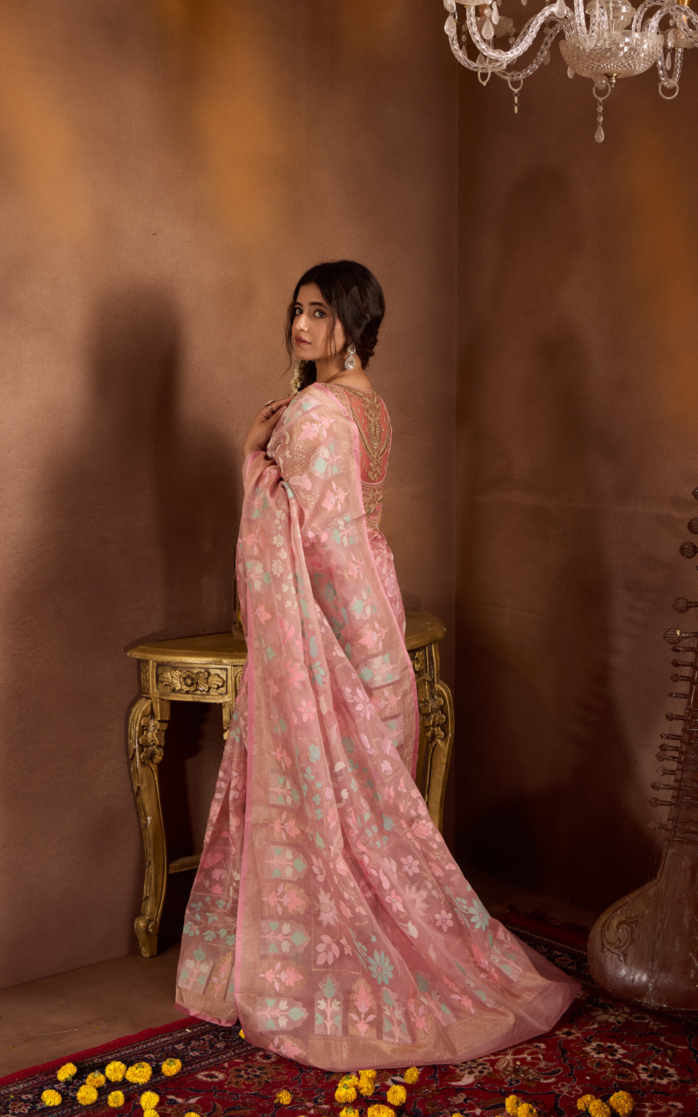 Pastel Pink Real Zari Banarasi Kora Saree With Jandani Weaves