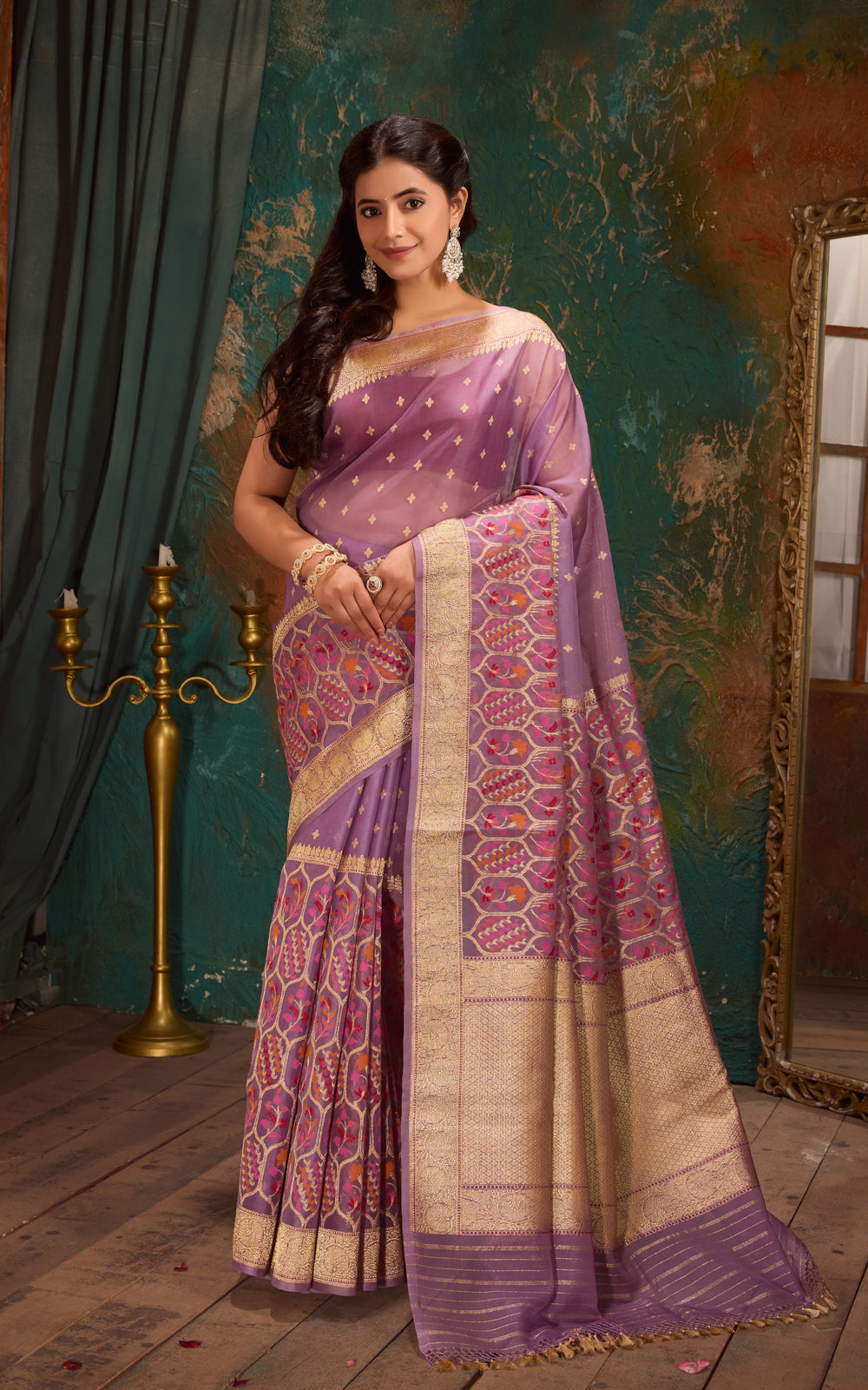 Lavender Real Zari Banarasi Kora Saree With Jandani Weaves
