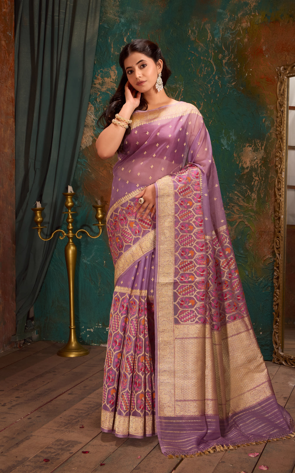 Lavender Real Zari Banarasi Kora Saree With Jandani Weaves