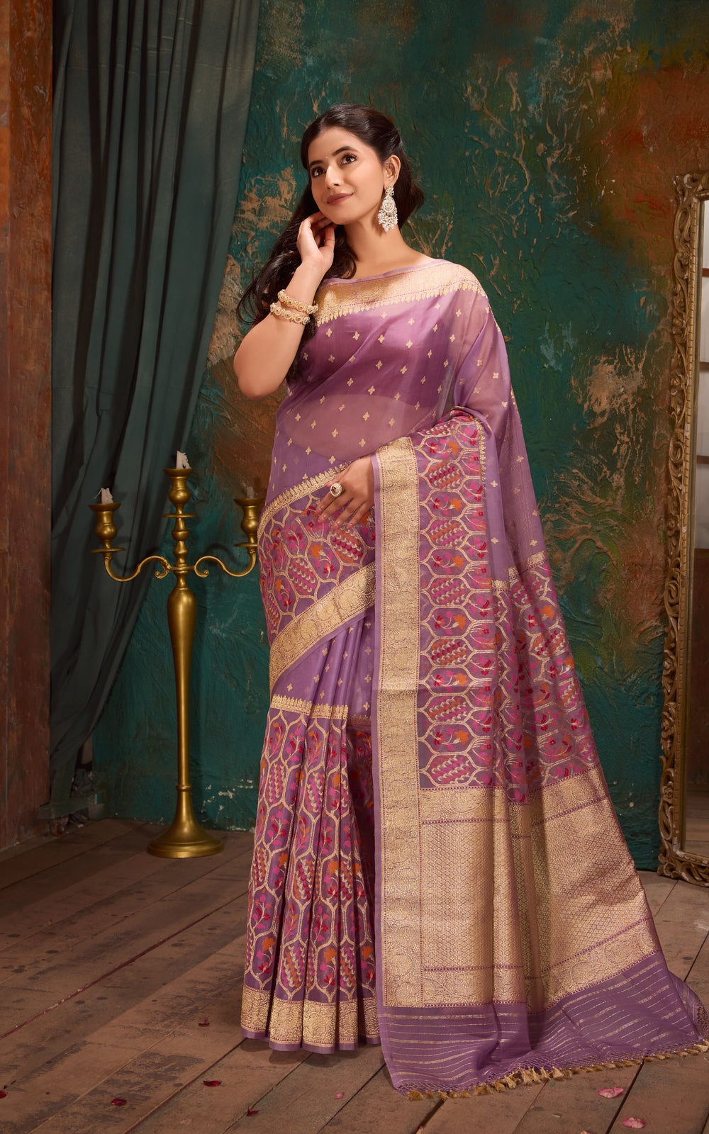 Lavender Real Zari Banarasi Kora Saree With Jandani Weaves
