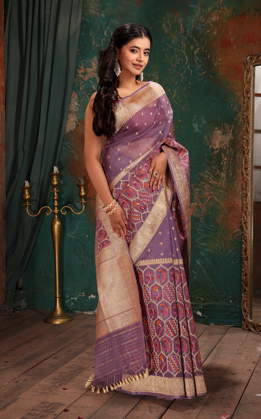 Lavender Real Zari Banarasi Kora Saree With Jandani Weaves