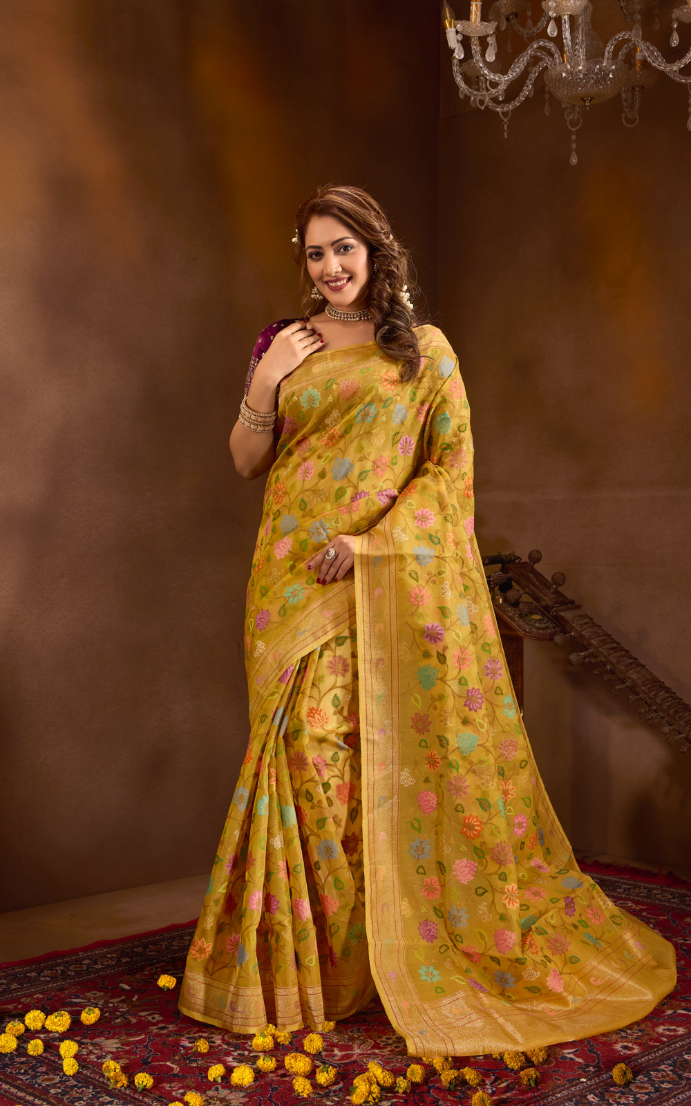 Yellow Real Zari Banarasi Kora Saree With Jandani Weaves