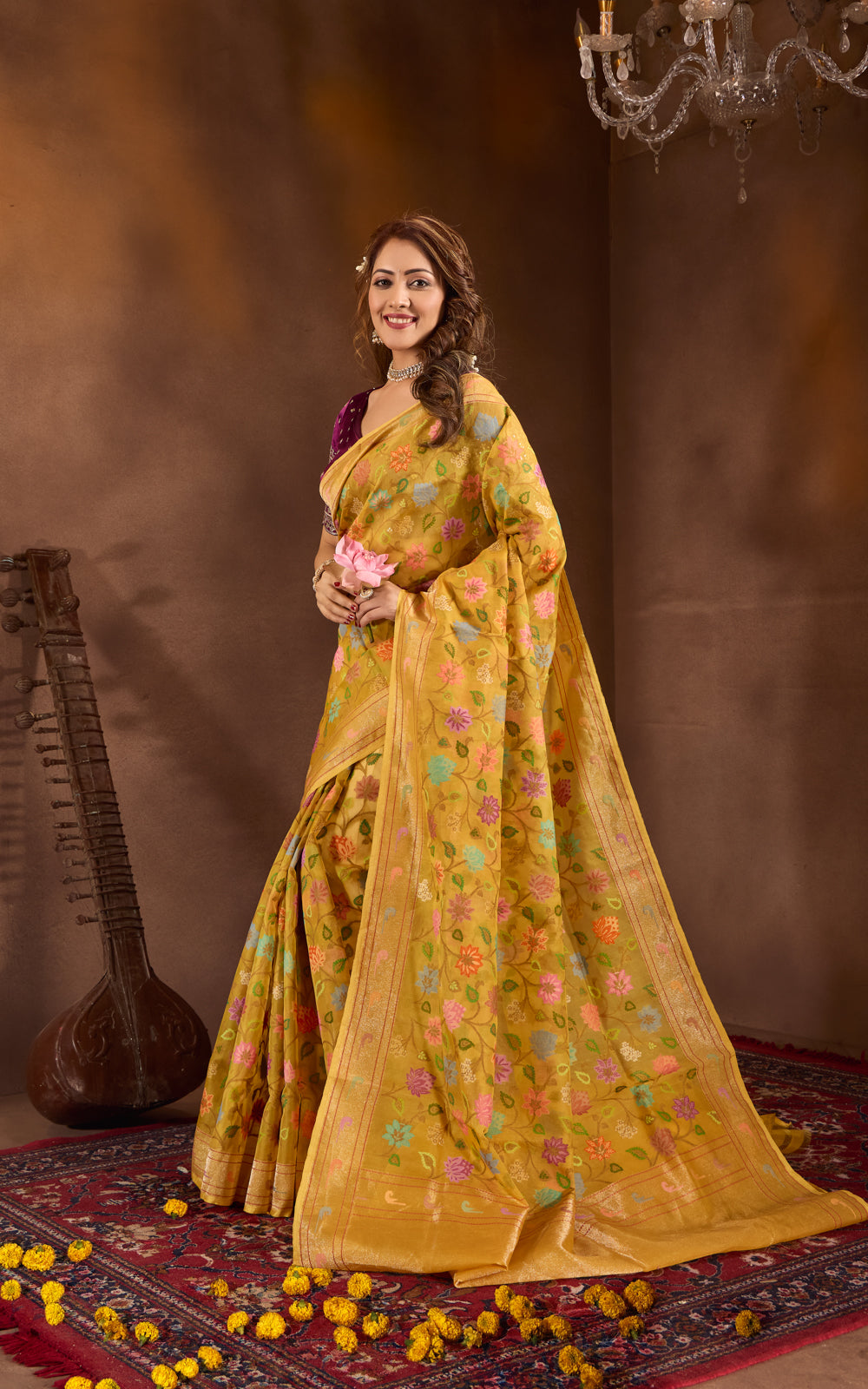 Yellow Real Zari Banarasi Kora Saree With Jandani Weaves
