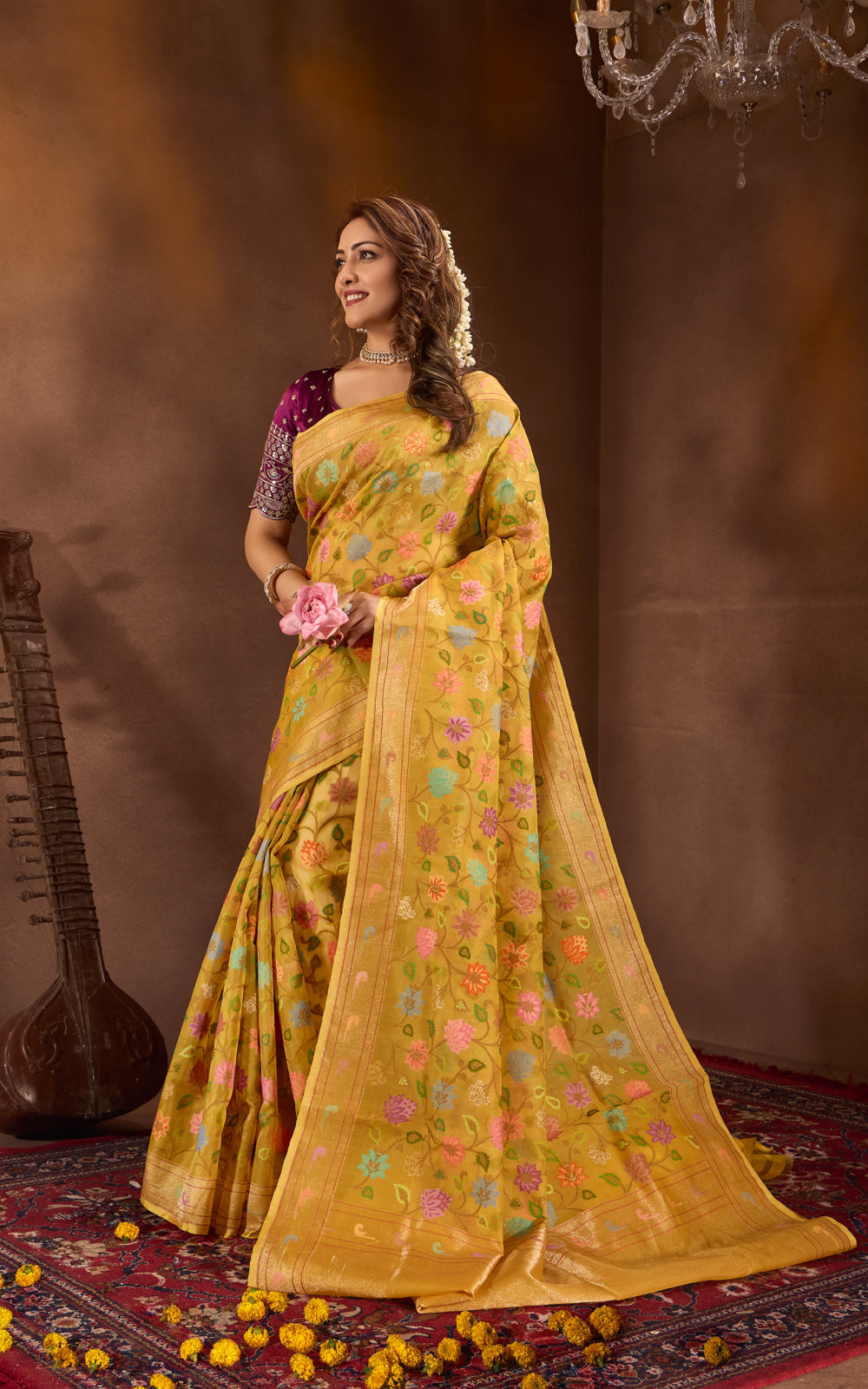Yellow Real Zari Banarasi Kora Saree With Jandani Weaves