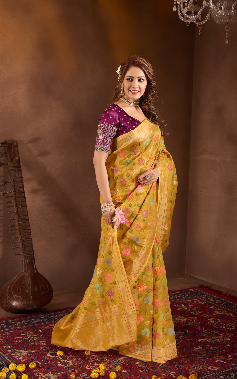 Yellow Real Zari Banarasi Kora Saree With Jandani Weaves