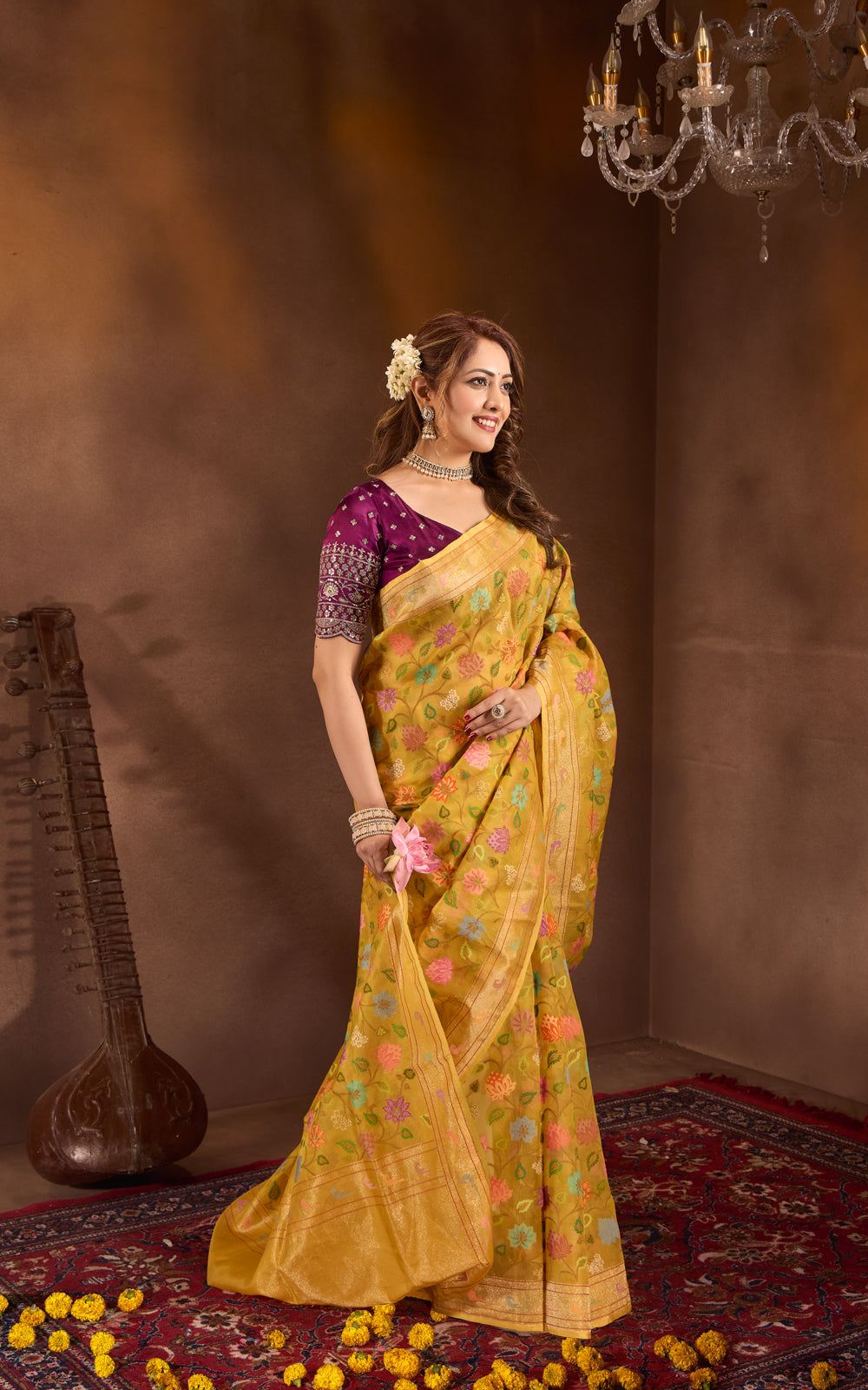 Yellow Real Zari Banarasi Kora Saree With Jandani Weaves