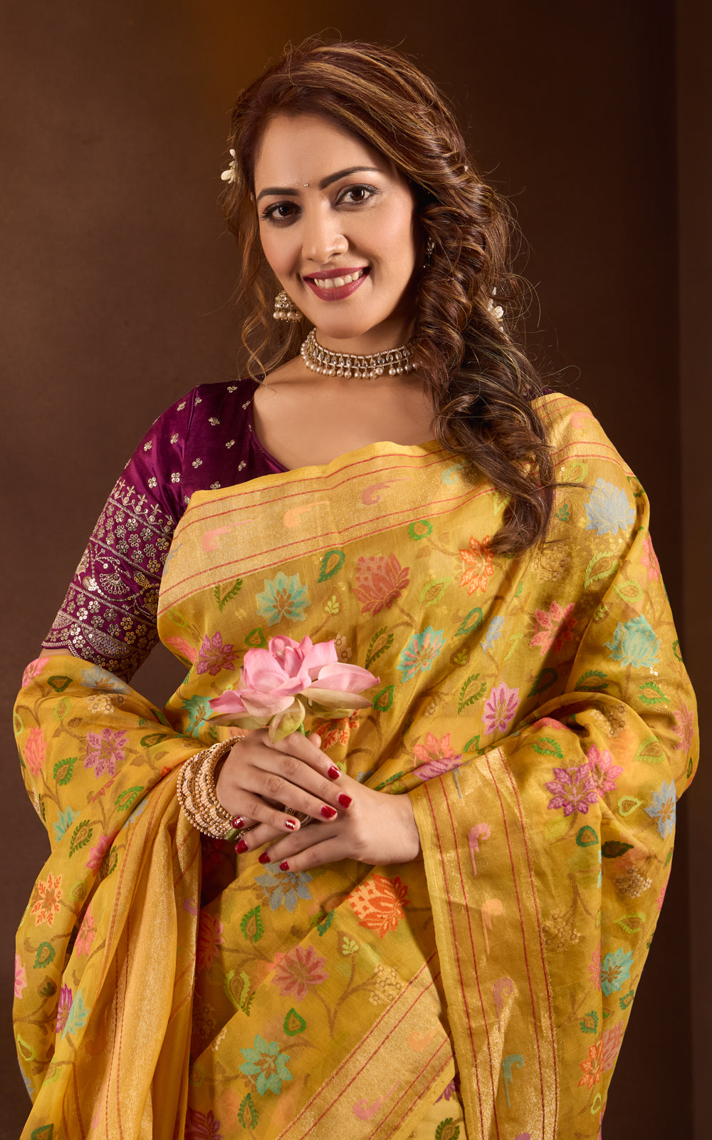 Yellow Real Zari Banarasi Kora Saree With Jandani Weaves