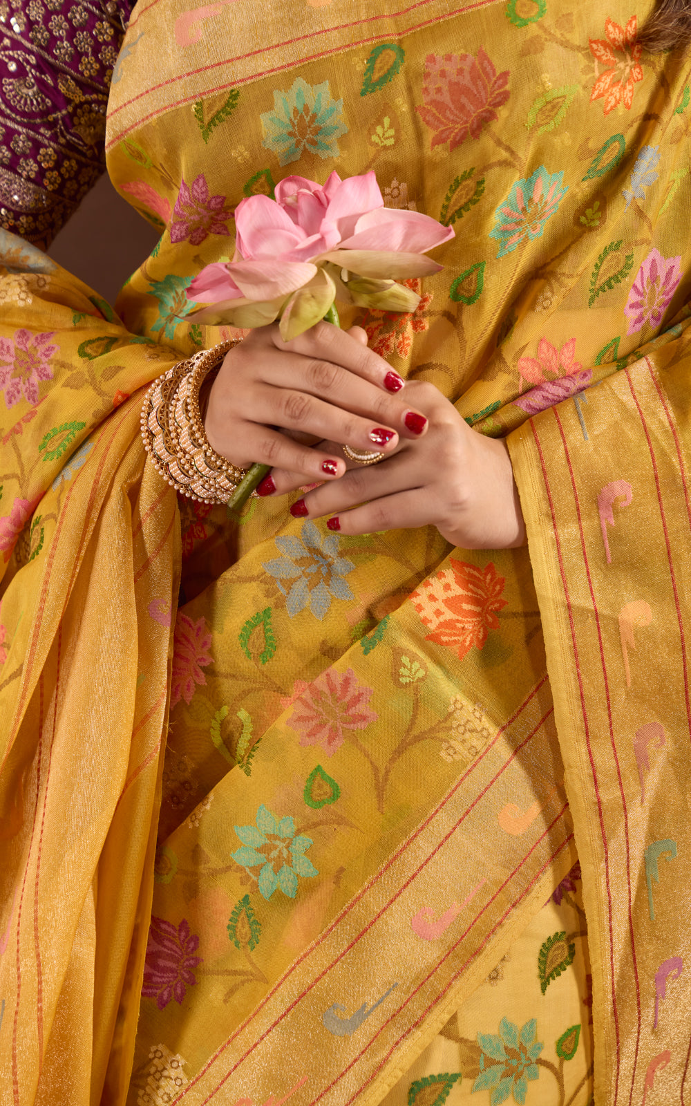 Yellow Real Zari Banarasi Kora Saree With Jandani Weaves
