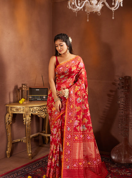 Red & Orange Real Zari Banarasi Kora Saree With Jandani Weaves