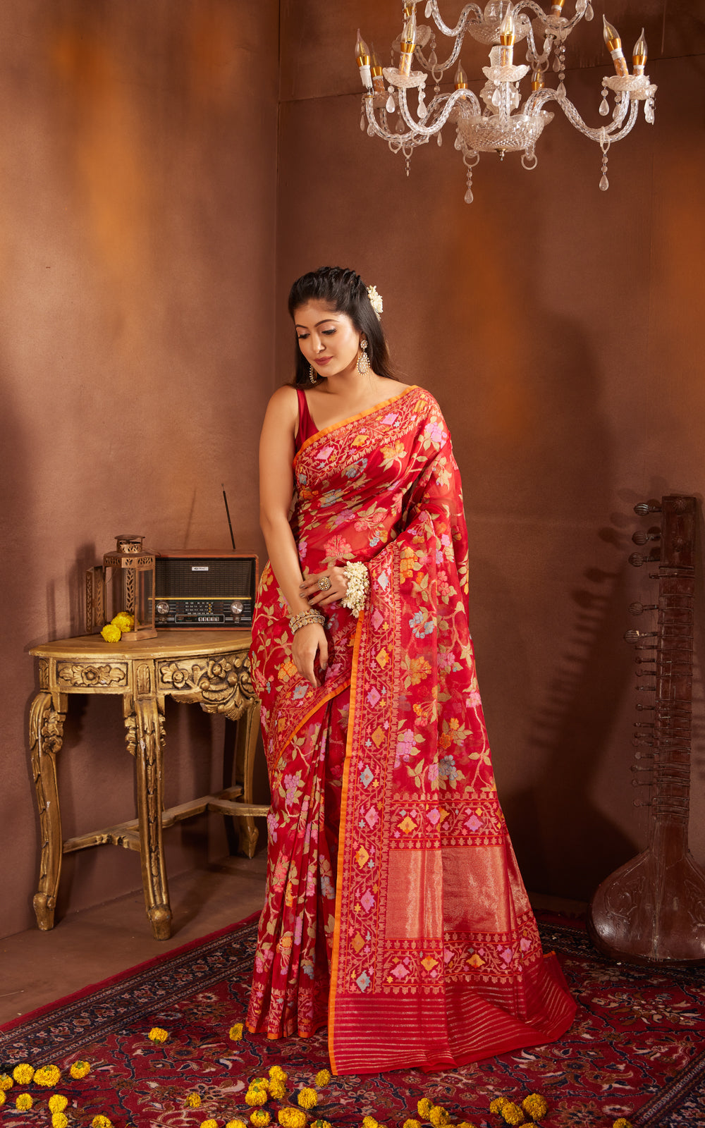 Red & Orange Real Zari Banarasi Kora Saree With Jandani Weaves