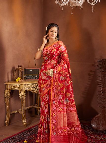 Red & Orange Real Zari Banarasi Kora Saree With Jandani Weaves