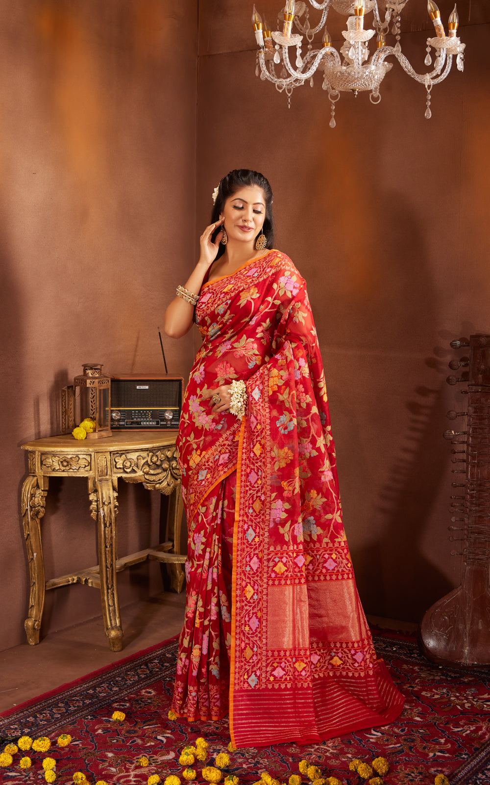 Red & Orange Real Zari Banarasi Kora Saree With Jandani Weaves