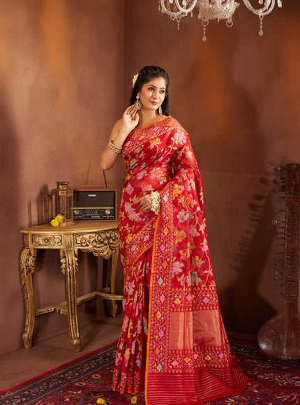 Red & Orange Real Zari Banarasi Kora Saree With Jandani Weaves