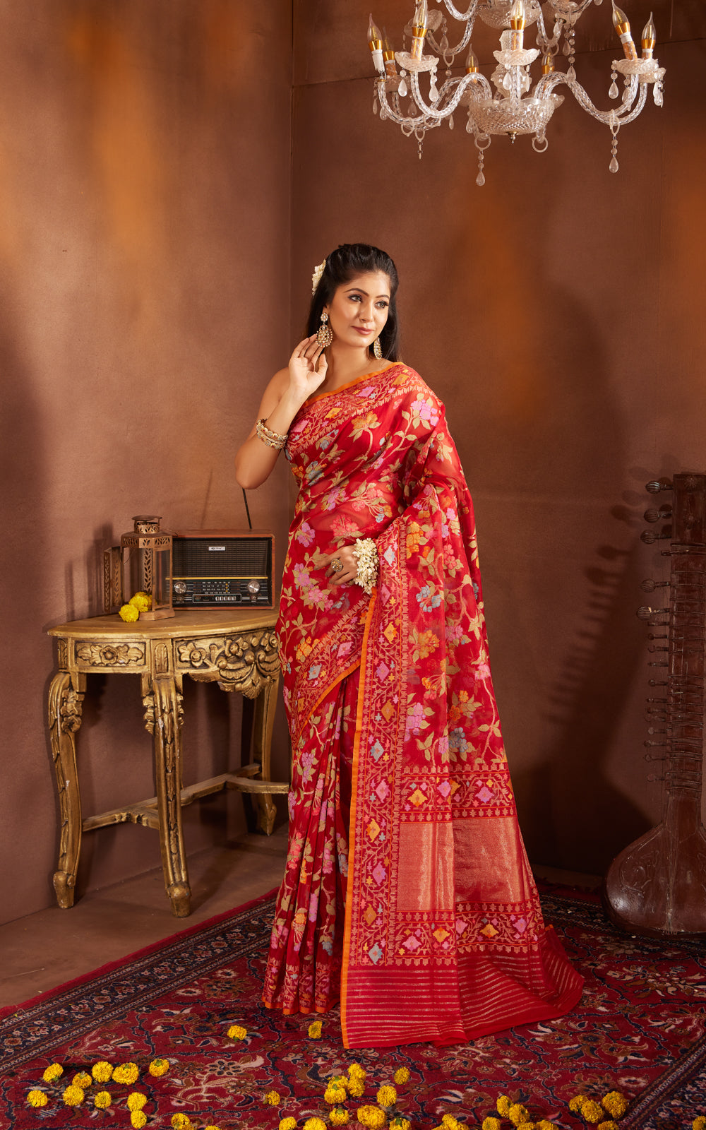 Red & Orange Real Zari Banarasi Kora Saree With Jandani Weaves