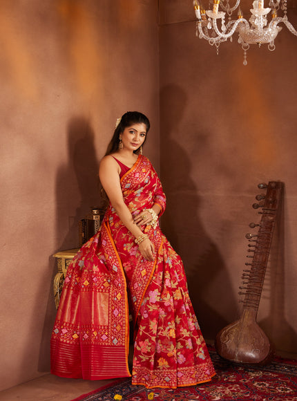 Red & Orange Real Zari Banarasi Kora Saree With Jandani Weaves