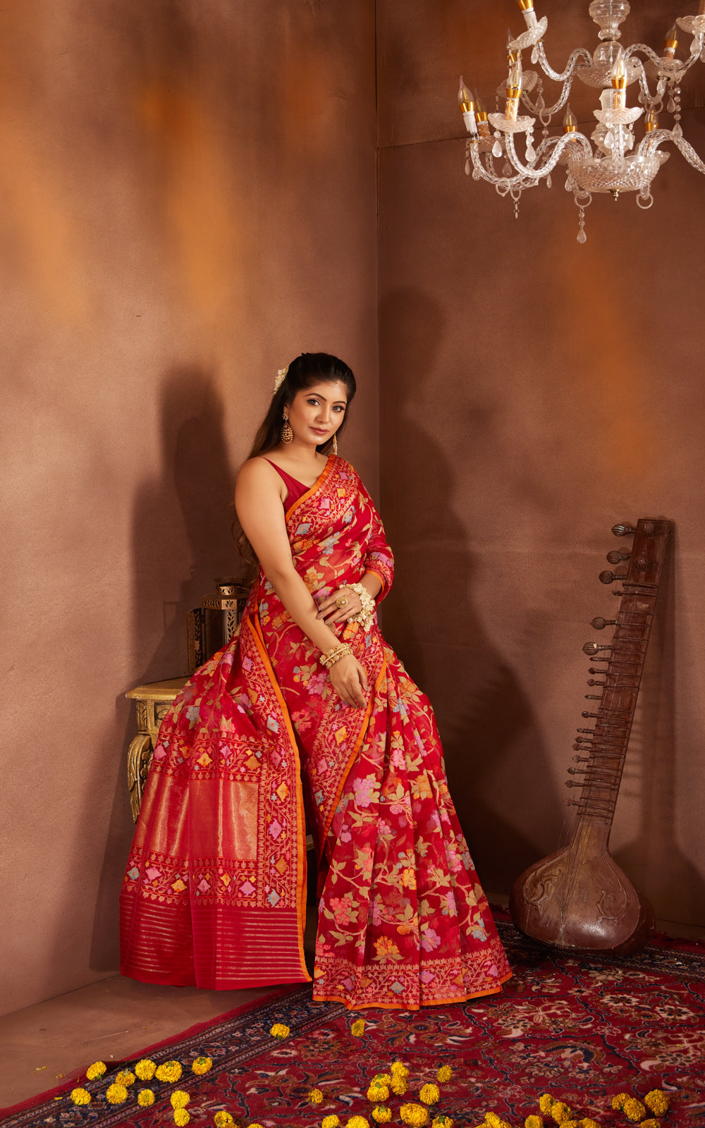 Red & Orange Real Zari Banarasi Kora Saree With Jandani Weaves