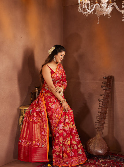 Red & Orange Real Zari Banarasi Kora Saree With Jandani Weaves
