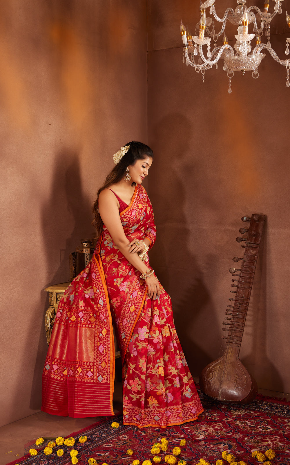 Red & Orange Real Zari Banarasi Kora Saree With Jandani Weaves
