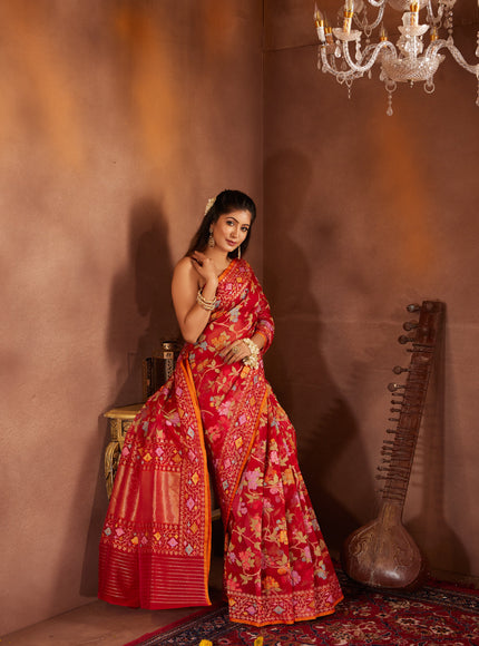 Red & Orange Real Zari Banarasi Kora Saree With Jandani Weaves
