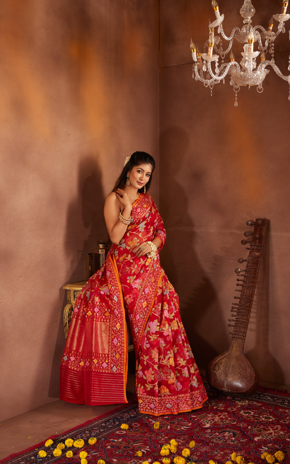 Red & Orange Real Zari Banarasi Kora Saree With Jandani Weaves
