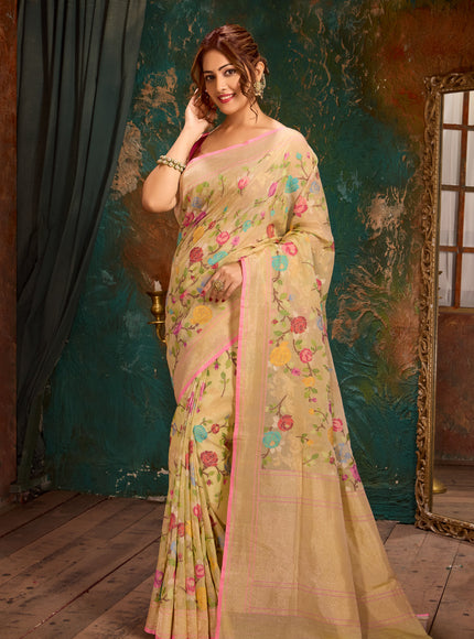 Mild Pista Green Real Zari Banarasi Cotton Saree With Jamdani Weaves