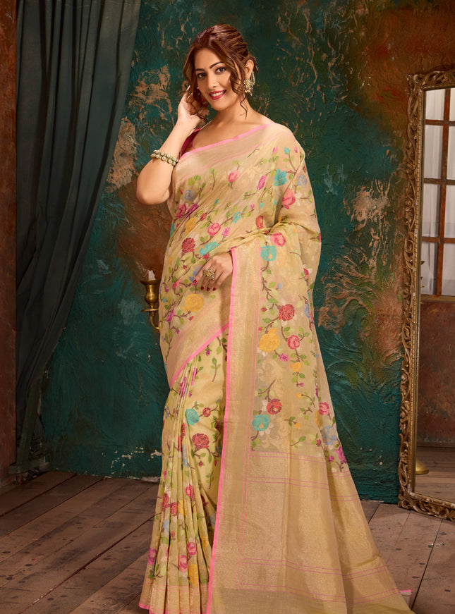 Mild Pista Green Real Zari Banarasi Cotton Saree With Jamdani Weaves