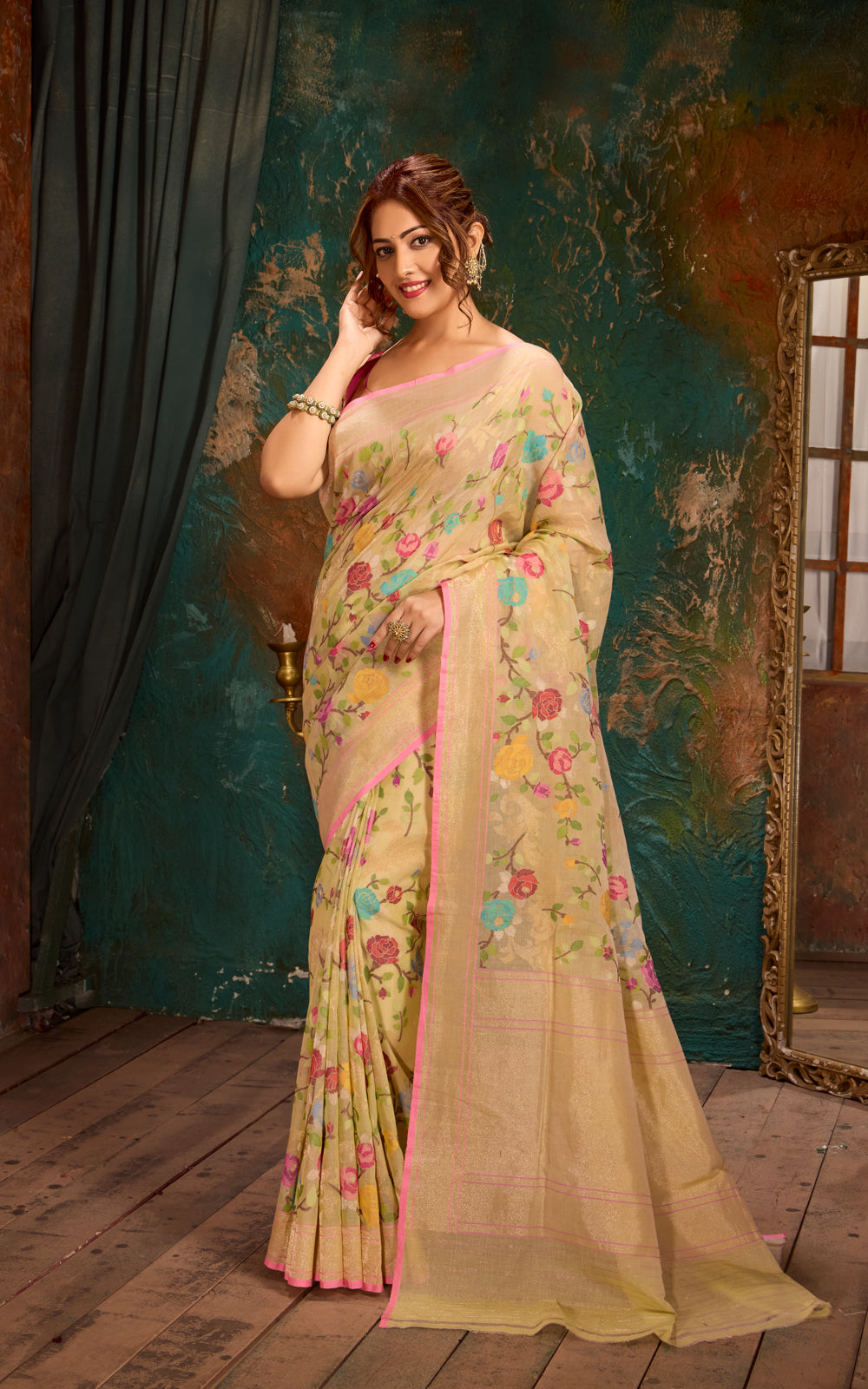Mild Pista Green Real Zari Banarasi Cotton Saree With Jamdani Weaves