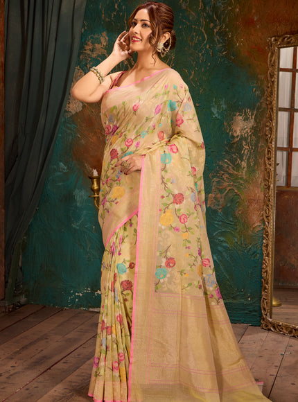 Mild Pista Green Real Zari Banarasi Cotton Saree With Jamdani Weaves