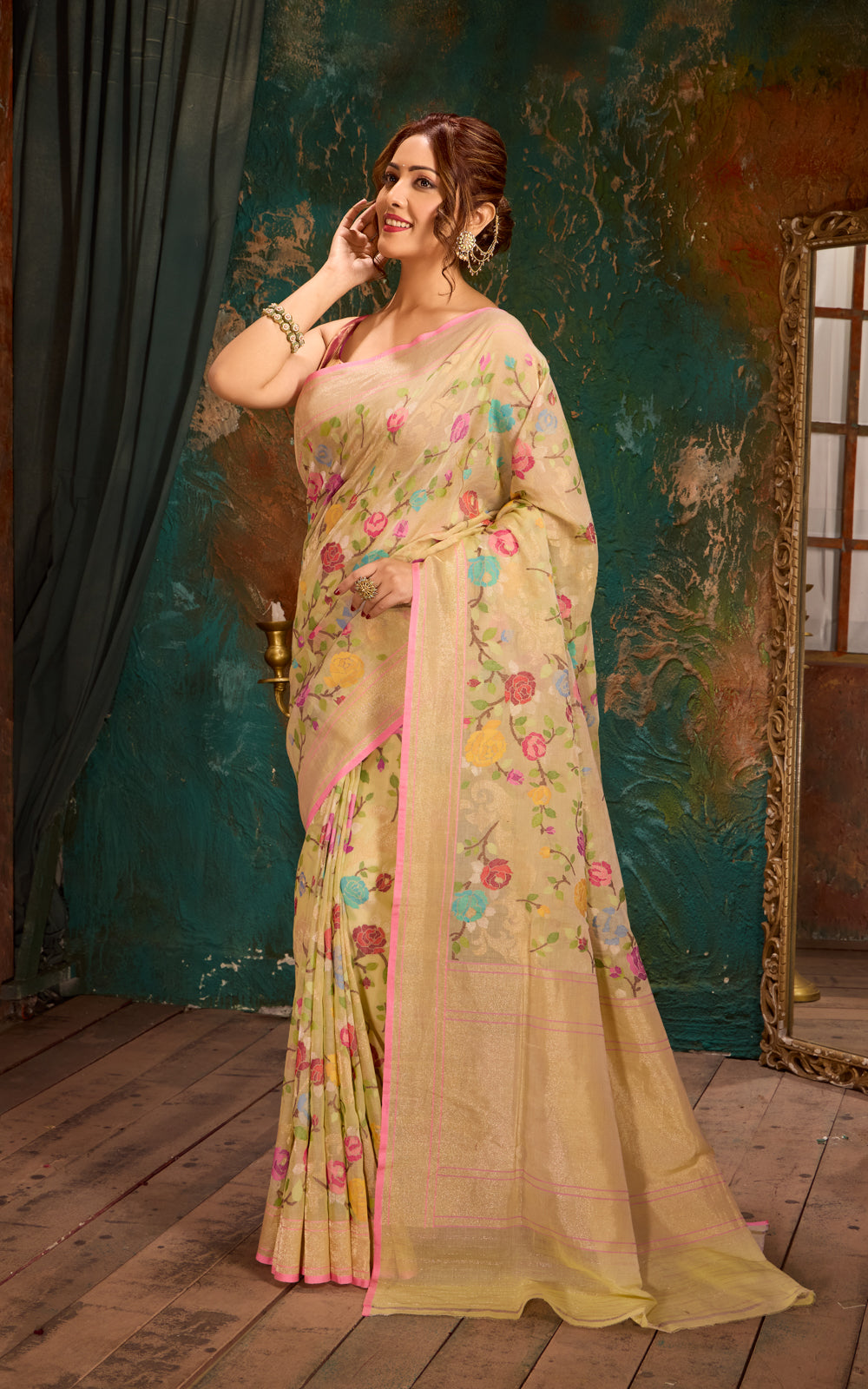 Mild Pista Green Real Zari Banarasi Cotton Saree With Jamdani Weaves