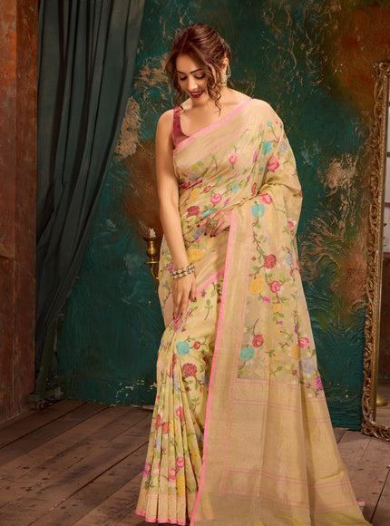 Mild Pista Green Real Zari Banarasi Cotton Saree With Jamdani Weaves