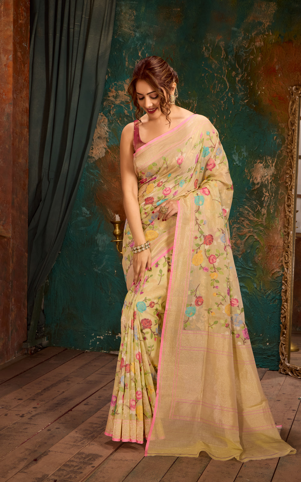 Mild Pista Green Real Zari Banarasi Cotton Saree With Jamdani Weaves
