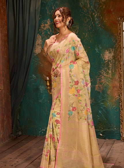 Mild Pista Green Real Zari Banarasi Cotton Saree With Jamdani Weaves