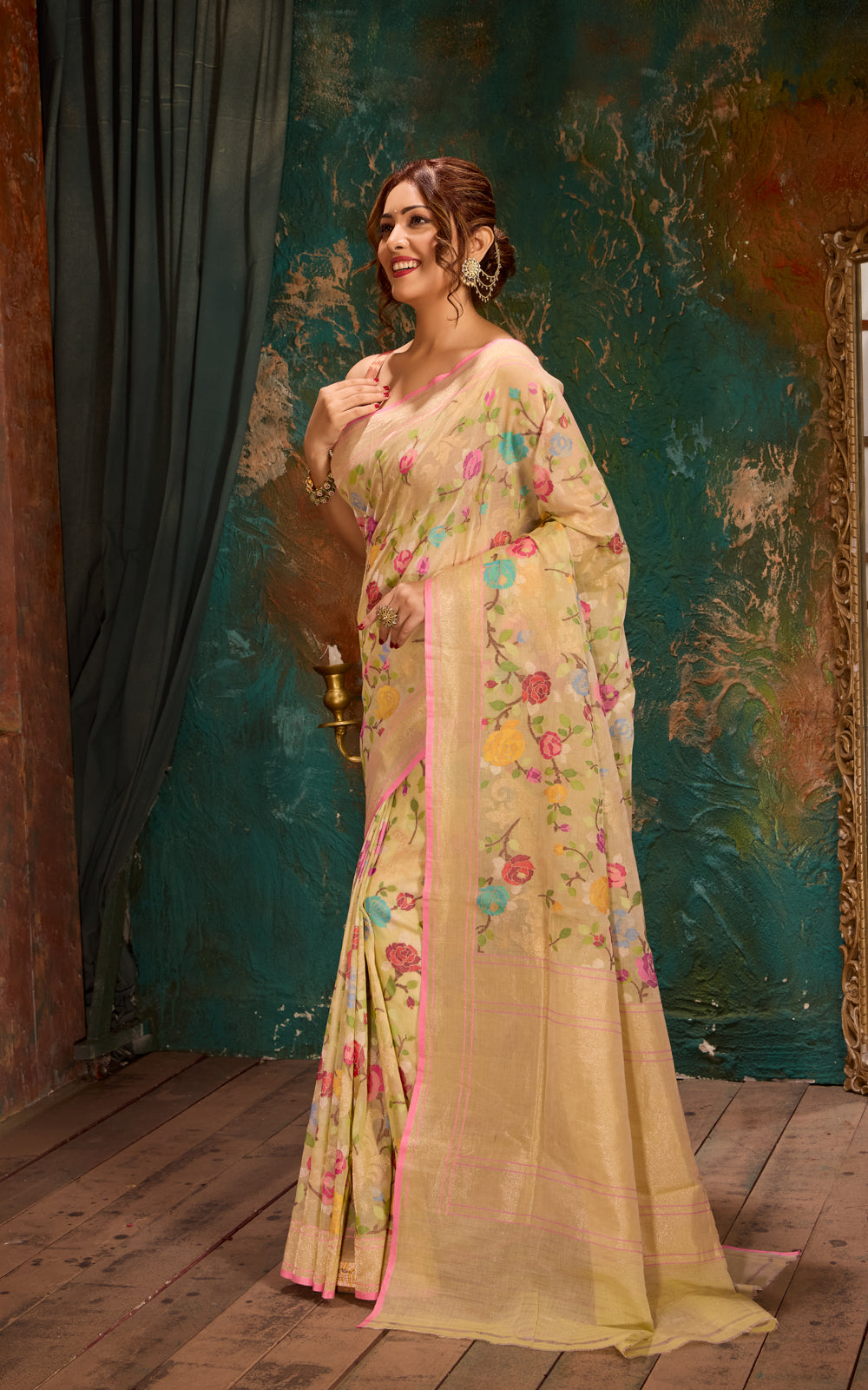 Mild Pista Green Real Zari Banarasi Cotton Saree With Jamdani Weaves