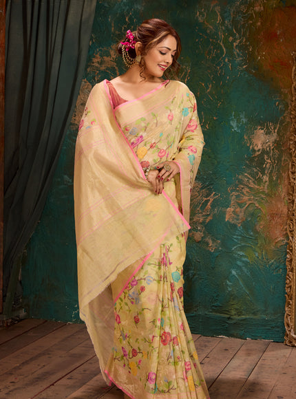 Mild Pista Green Real Zari Banarasi Cotton Saree With Jamdani Weaves